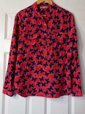 GAP Long Sleeve Red/ Orange Button Up Blouse With Blue Butterfly Print Size M